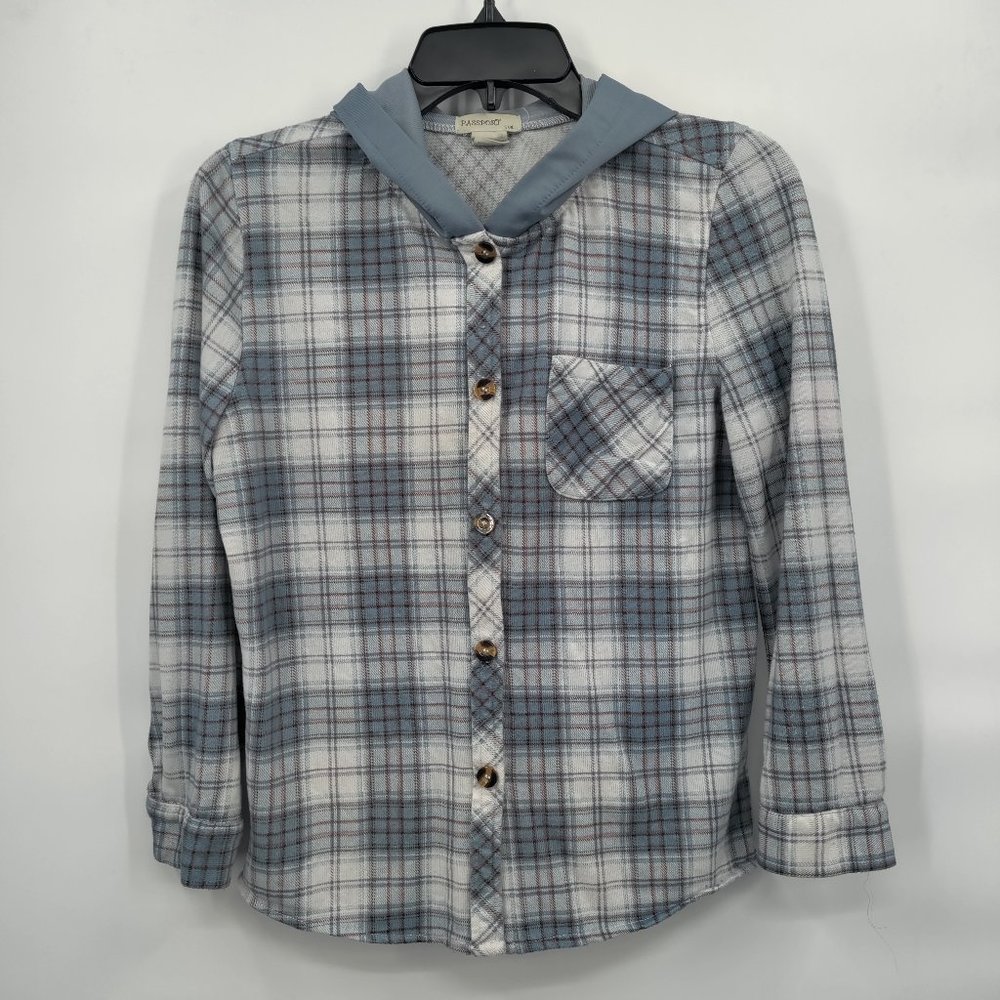 PASSPORT Girl's Blue Plaid Longsleeves Button Down Hoodie Size 14